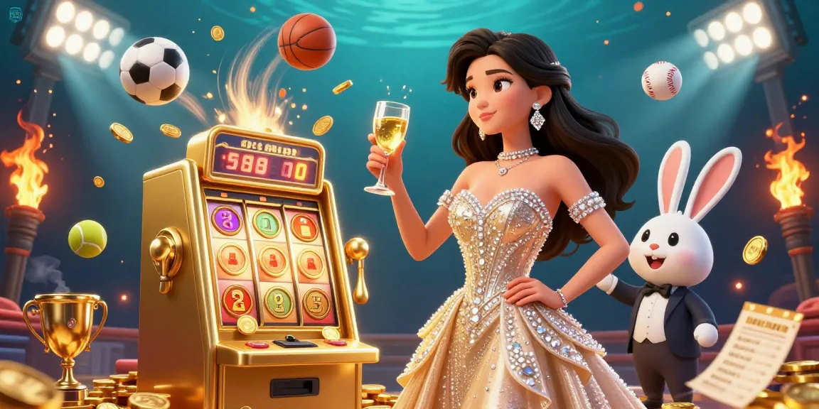 58WIN players celebrate winning by the jackpot slot machine, surrounded by festive sports elements and golden coins.