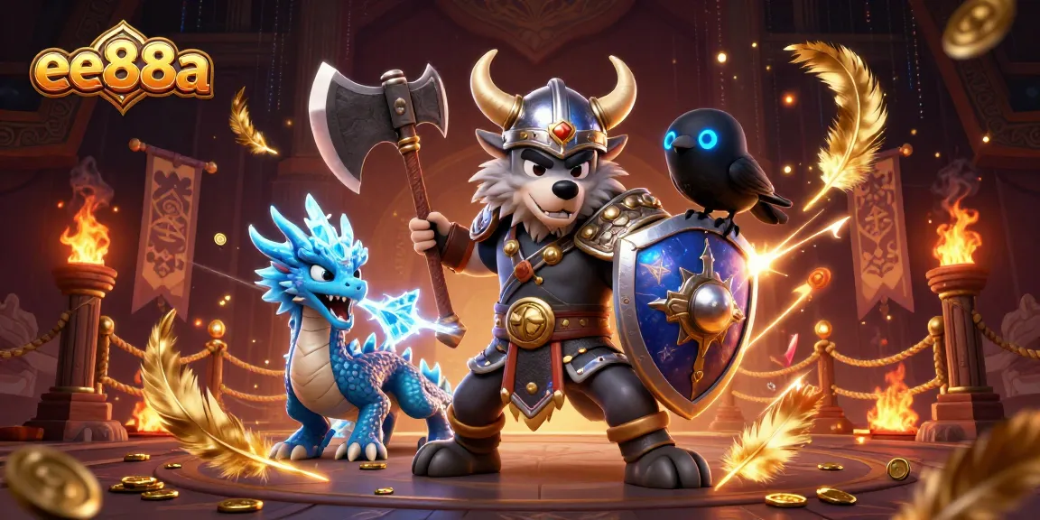 Join the epic battle at ee88a with a Viking warrior, fierce dragon, and raven in this thrilling casino scene.