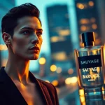 Sauvage fragrance showcased elegantly with a model in a stylish urban backdrop.
