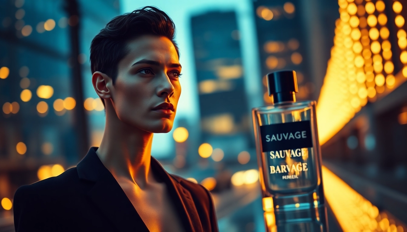 Sauvage fragrance showcased elegantly with a model in a stylish urban backdrop.
