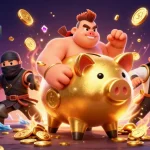 Bắn cá long vương action scene with golden piggy bank sumo wrestler defeating sea creatures for treasure.