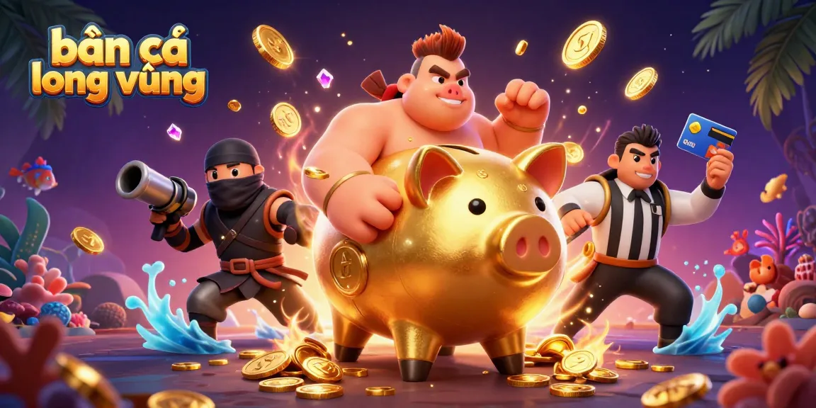 Bắn cá long vương action scene with golden piggy bank sumo wrestler defeating sea creatures for treasure.