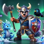 Experience the thrill of iwin as a Viking wolf warrior joins fierce dragon and glowing raven amid dynamic casino elements.