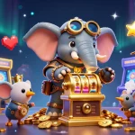 Engage with thrilling casino games at qq88gg, featuring a steampunk elephant and colorful arcade elements.