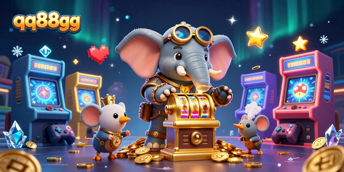 Engage with thrilling casino games at qq88gg, featuring a steampunk elephant and colorful arcade elements.
