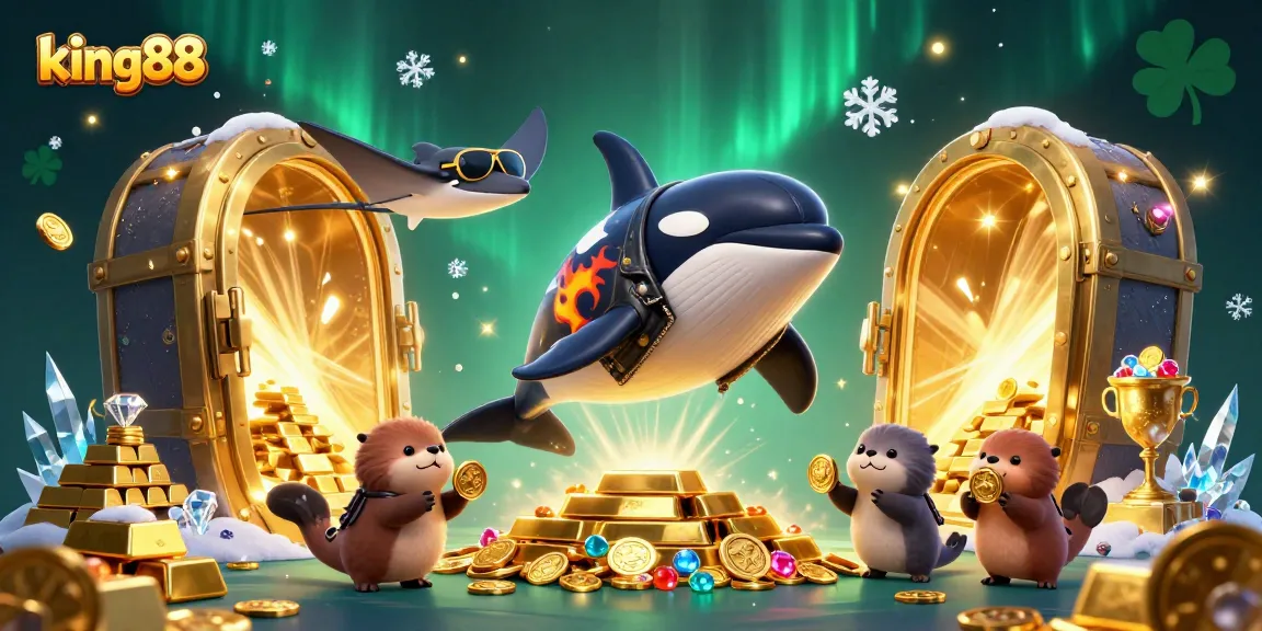 Experience jackpot excitement with king88 through a vibrant 3D casino-themed illustration showcasing thrilling games and treasures.