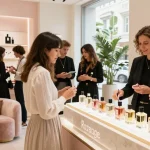 Discover Razavage fragrances in a luxurious retail environment with customers enjoying personalized scent experiences.