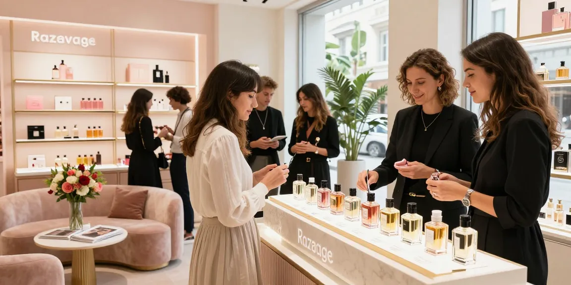 Discover Razavage fragrances in a luxurious retail environment with customers enjoying personalized scent experiences.