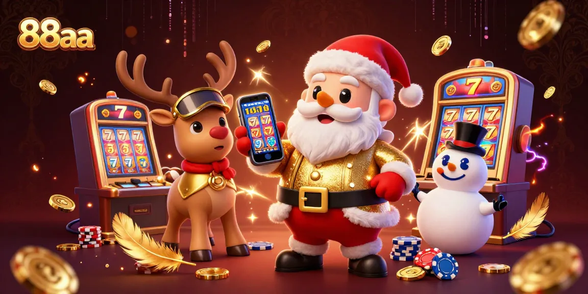 Engage in thrilling slots with 88aa as Santa celebrates wins with his poker chip snowman and reindeer.