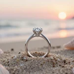 Platinum engagement ring lab grown diamond elegantly displayed on a beach with seashells, evoking timeless romance.
