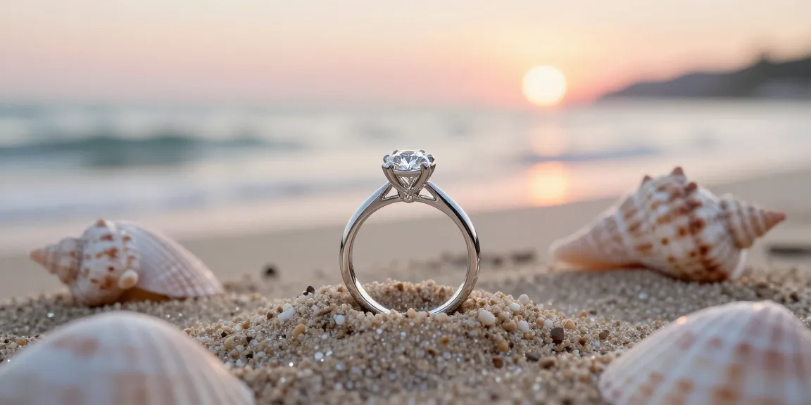 Platinum engagement ring lab grown diamond elegantly displayed on a beach with seashells, evoking timeless romance.