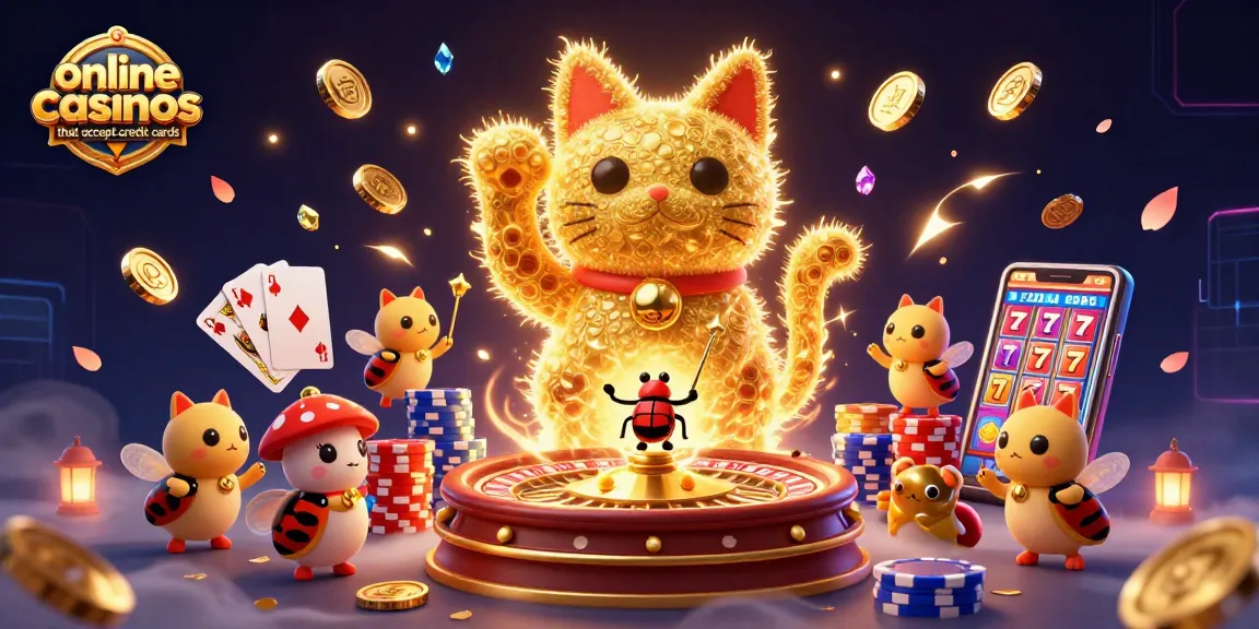 Engage with online casinos that accept credit cards featuring a golden cat, coins, and vibrant games.