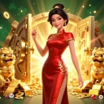Engage in game bài đổi thưởng with an enchanting scene showcasing a glamorous Asian woman and golden foo dogs amidst treasures.