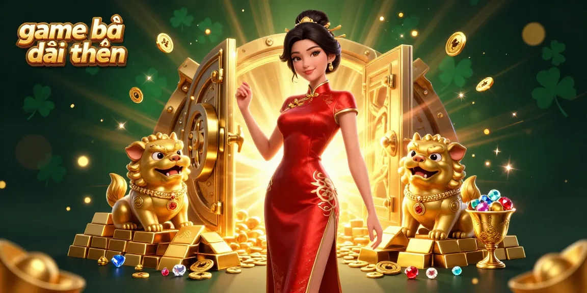 Engage in game bài đổi thưởng with an enchanting scene showcasing a glamorous Asian woman and golden foo dogs amidst treasures.