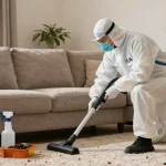 Professional bed bug exterminator inspecting living room furniture for pests, ensuring a safe home environment.