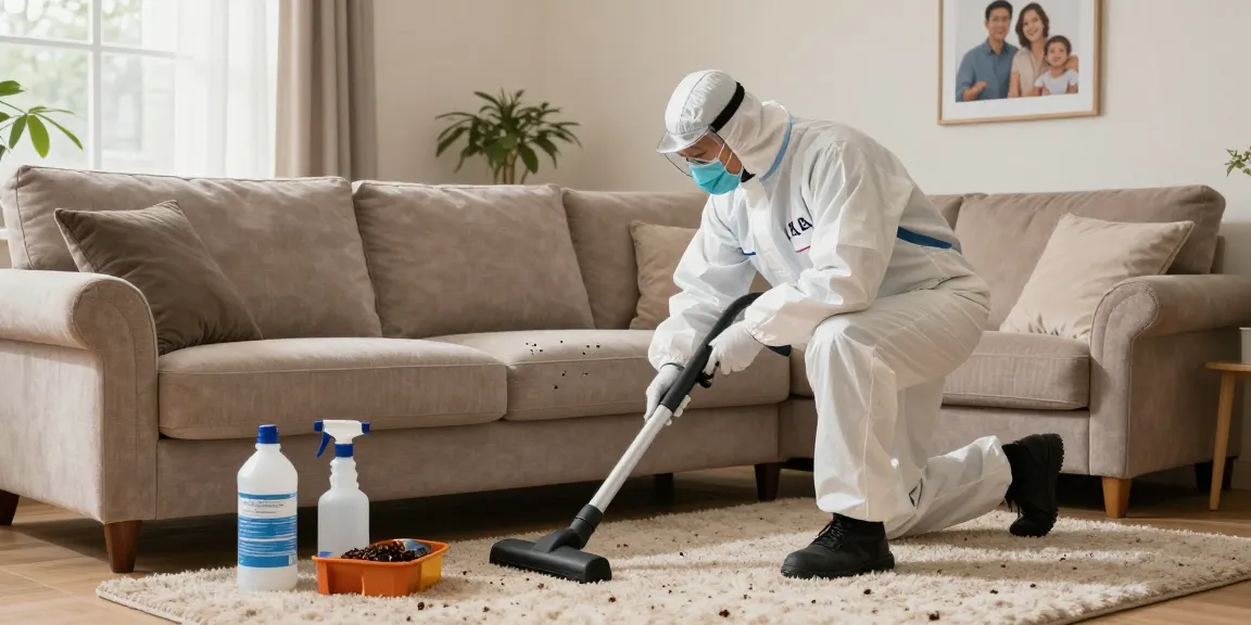 Professional bed bug exterminator inspecting living room furniture for pests, ensuring a safe home environment.