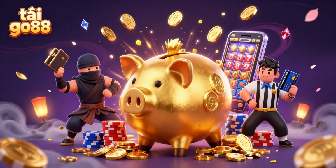 Experience the excitement of tải go88 with a vibrant 3D scene of golden coins, characters, and slot machines.