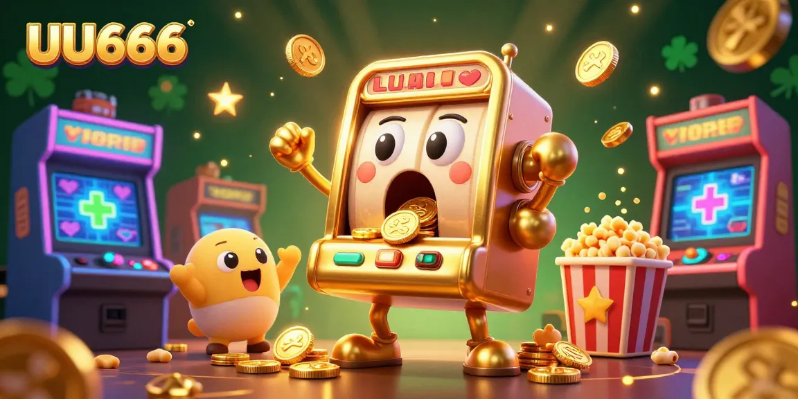 UU666 slot machine hits jackpot with coins pouring out, surrounded by cheering machines and arcade elements.