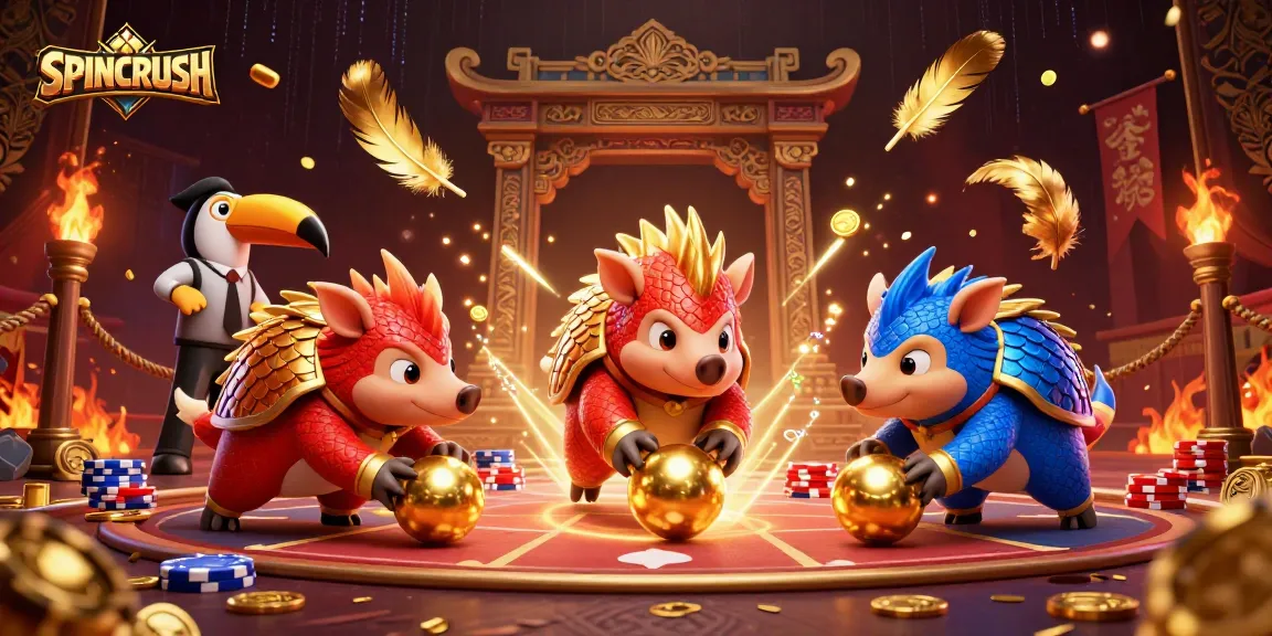 Engage with SPINCRUSH in a vibrant 3D scene featuring gaming pangolins and poker chips.