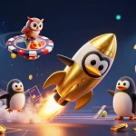 Experience trực tiếp bóng đá hôm nay with dynamic sports elements and golden penguin in a vibrant 3D illustration.