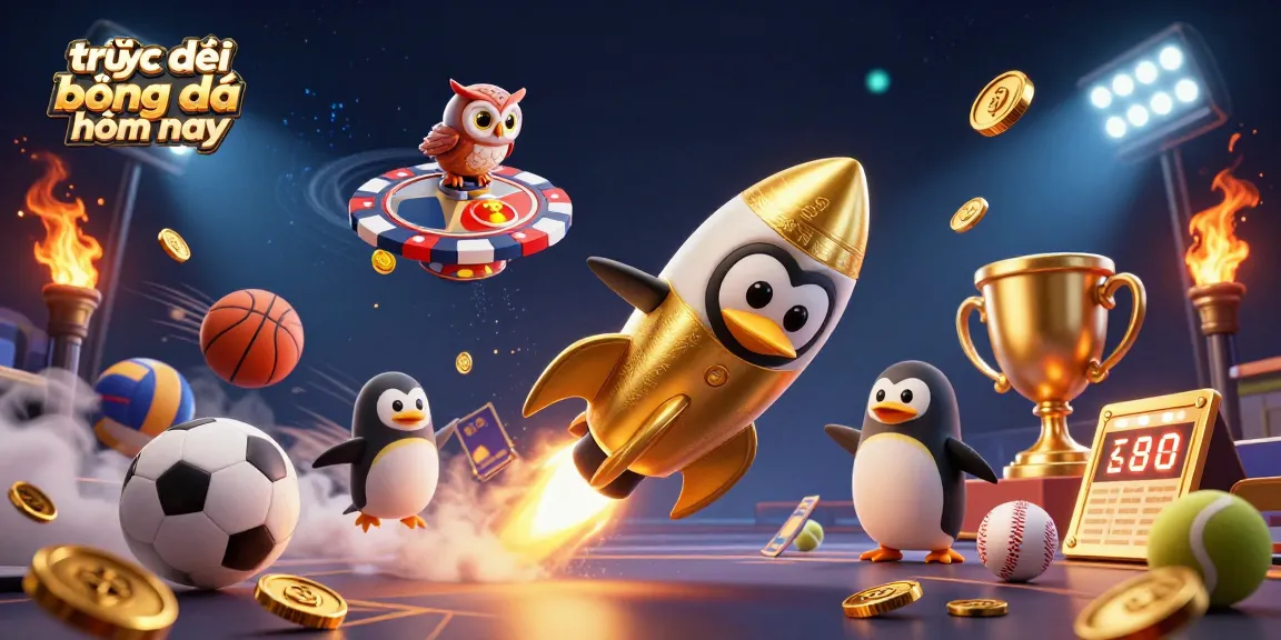 Experience trực tiếp bóng đá hôm nay with dynamic sports elements and golden penguin in a vibrant 3D illustration.