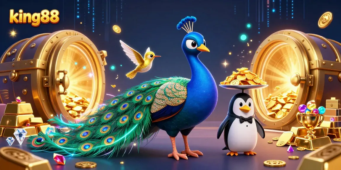 Winning at king88 with 3D characters and a burst of casino treasures and gold.
