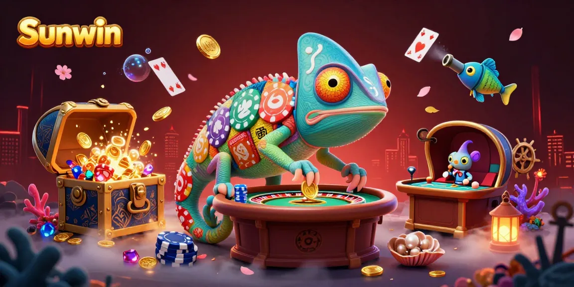 Experience Sunwin's dynamic casino environment with a vibrant chameleon owner and treasure-filled underwater scene.