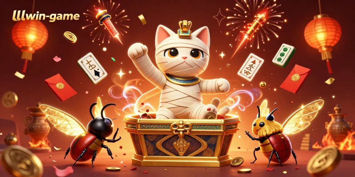 Experience thrilling action at llwin-game with a vibrant pyramid casino scene featuring a dynamic mummy cat and glowing scarab.