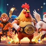 Engage in gaming action with luck8386 at a vibrant casino scene featuring a Muay Thai rooster and Shaolin monkey.