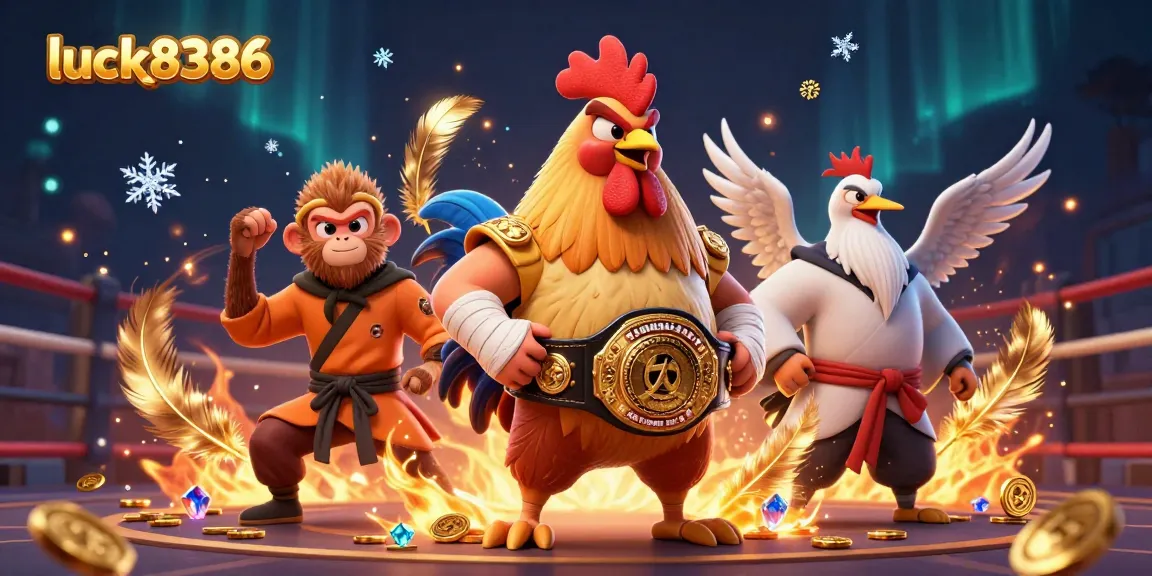 Engage in gaming action with luck8386 at a vibrant casino scene featuring a Muay Thai rooster and Shaolin monkey.