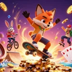 33WIN showcases a dynamic 3D scene of a skateboarder fox and BMX rabbit amidst cascading coins and casino elements.