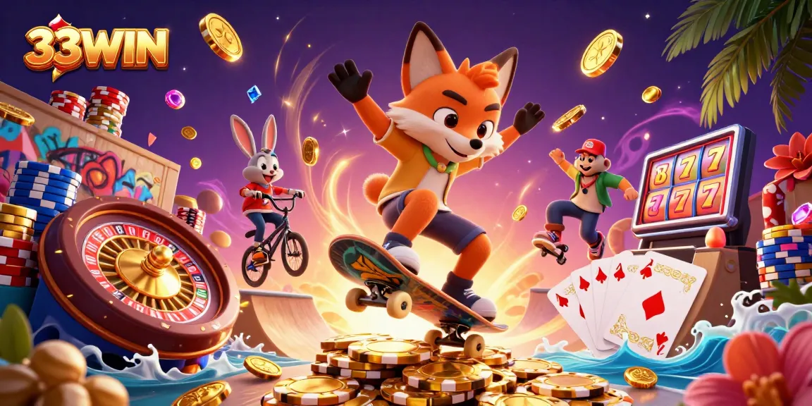 33WIN showcases a dynamic 3D scene of a skateboarder fox and BMX rabbit amidst cascading coins and casino elements.