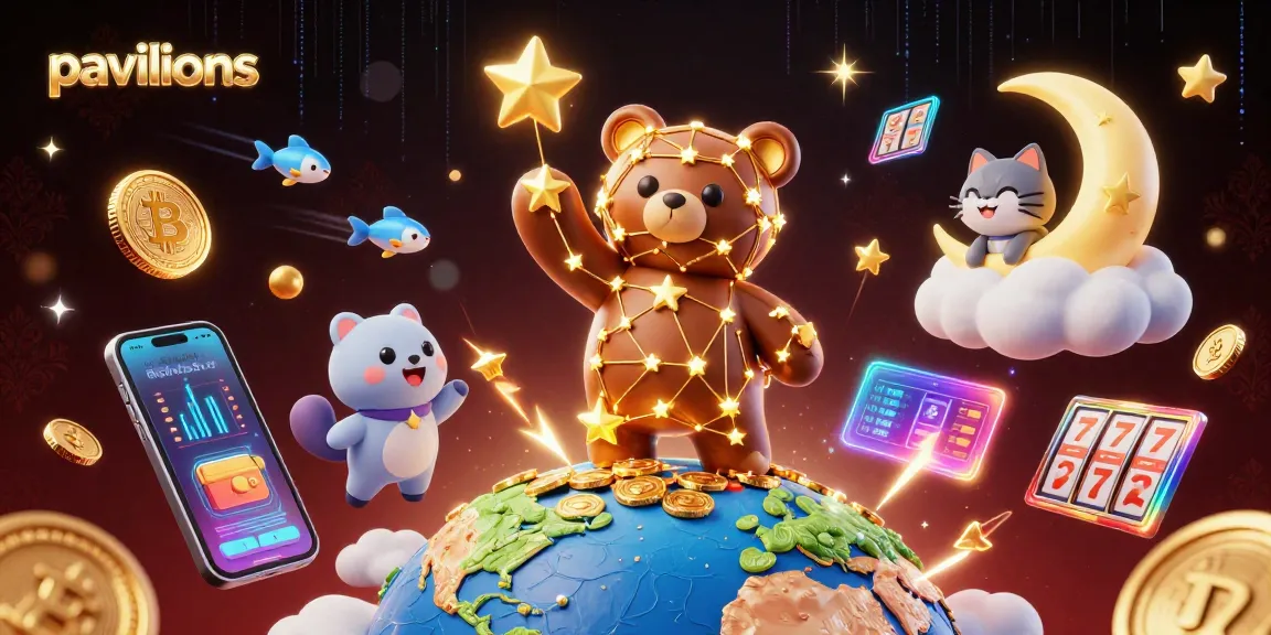 Pavilions showcases a vibrant casino scene with a constellation bear, coins, and slots for players.