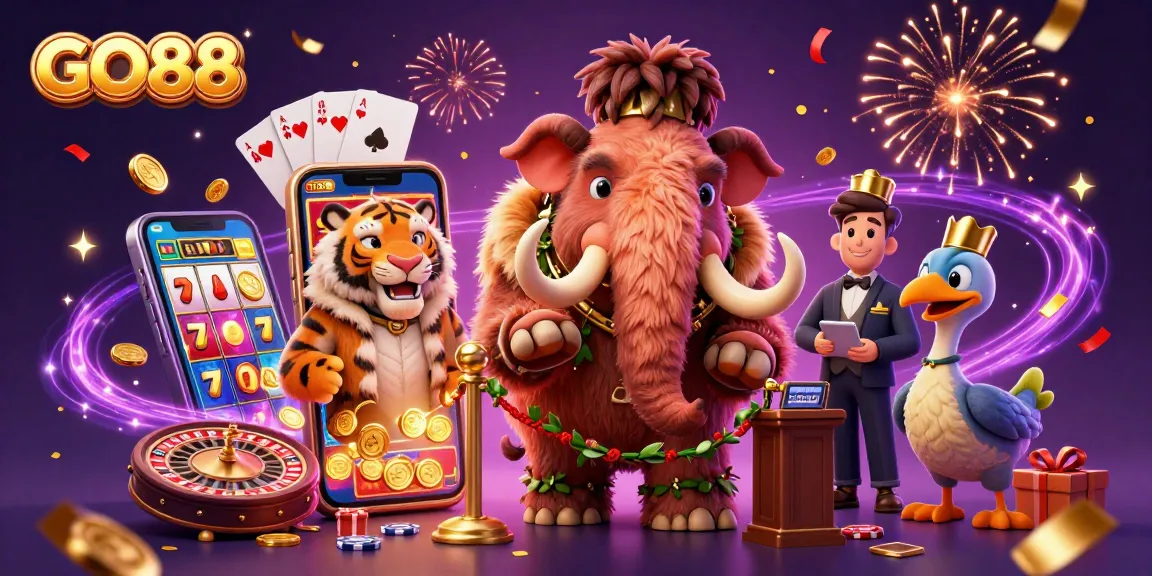 Experience the excitement at GO88 Casino with a woolly mammoth bouncer and VIP saber-tooth tiger in a vibrant 3D scene.