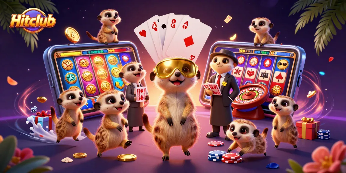 Engage with Hitclub's immersive casino experience with colorful games and vibrant meerkat characters.