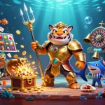 tr88 showcases a ferocious shark gladiator in an underwater gambling colosseum, playing slots and roulette.