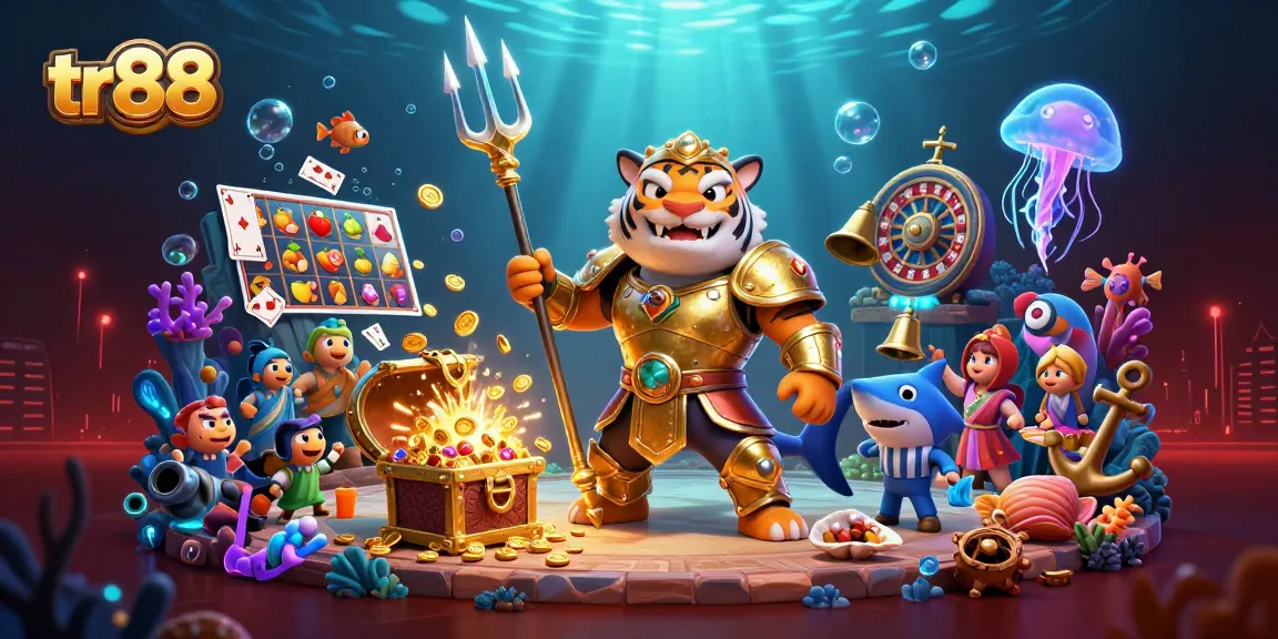 tr88 showcases a ferocious shark gladiator in an underwater gambling colosseum, playing slots and roulette.