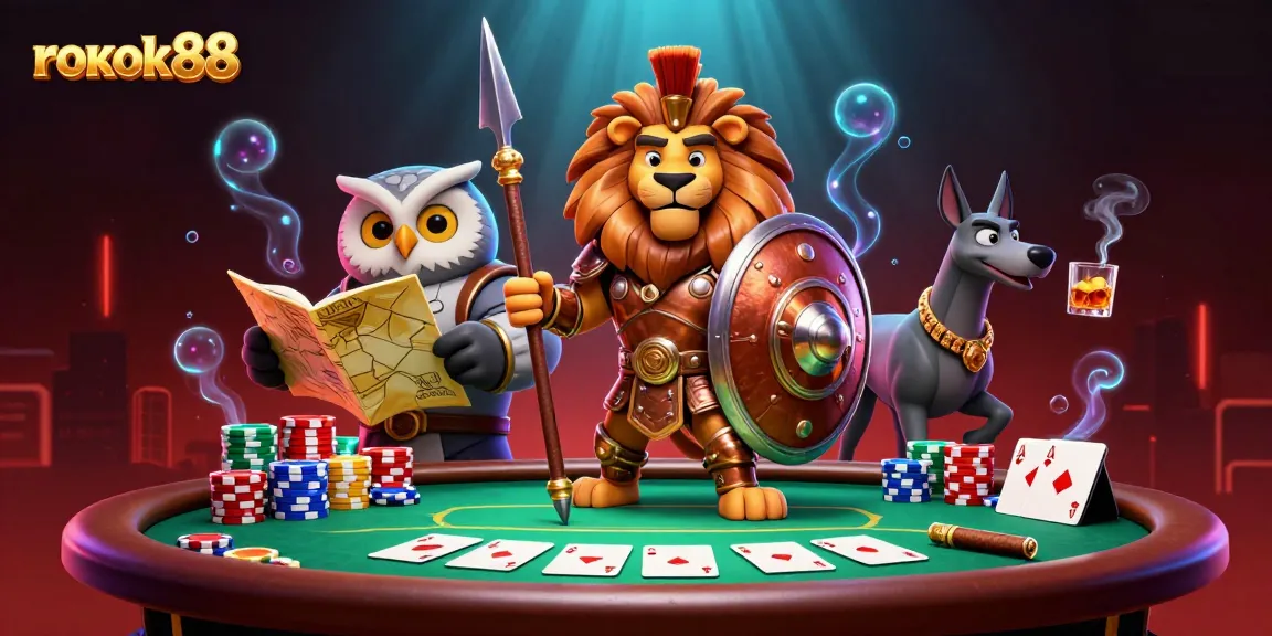 Experience thrilling poker action with rokok88 in a vibrant, dynamic 3D scene filled with game elements.