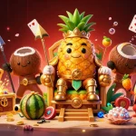 Engage with the vibrant gaming world of 90 phut, featuring a whimsical pineapple king amidst an interactive beach casino.