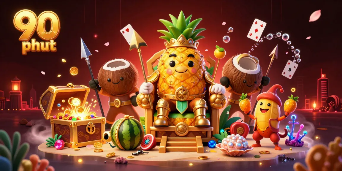 Engage with the vibrant gaming world of 90 phut, featuring a whimsical pineapple king amidst an interactive beach casino.
