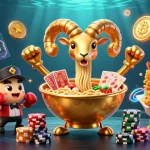Engage with Hz88 gaming fun featuring a giant ramen bowl dealer amidst vibrant casino elements.