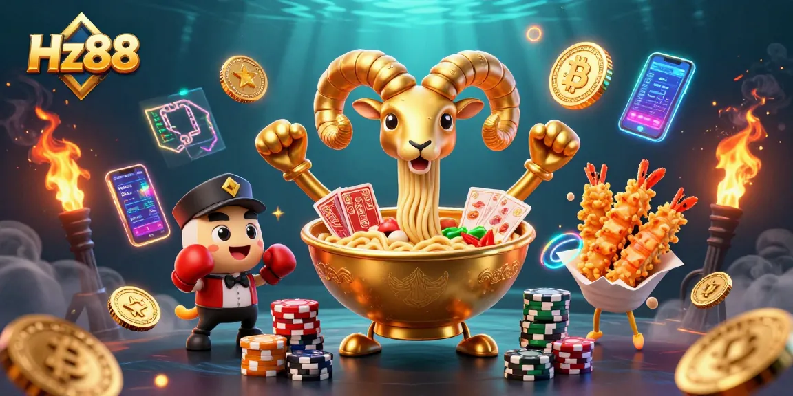Engage with Hz88 gaming fun featuring a giant ramen bowl dealer amidst vibrant casino elements.