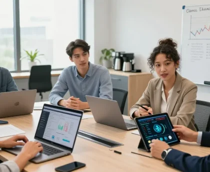 Engaged investors discussing strategies to buy BRICS coins in a modern conference room setting.