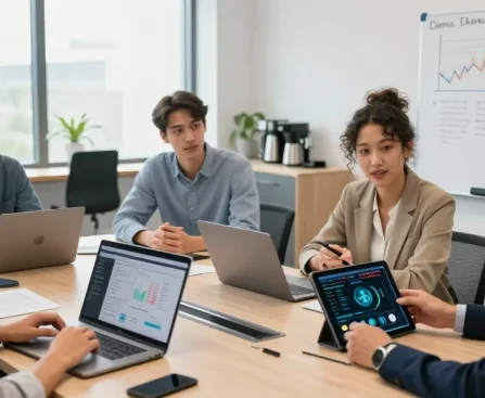 Engaged investors discussing strategies to buy BRICS coins in a modern conference room setting.