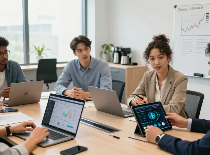 Engaged investors discussing strategies to buy BRICS coins in a modern conference room setting.