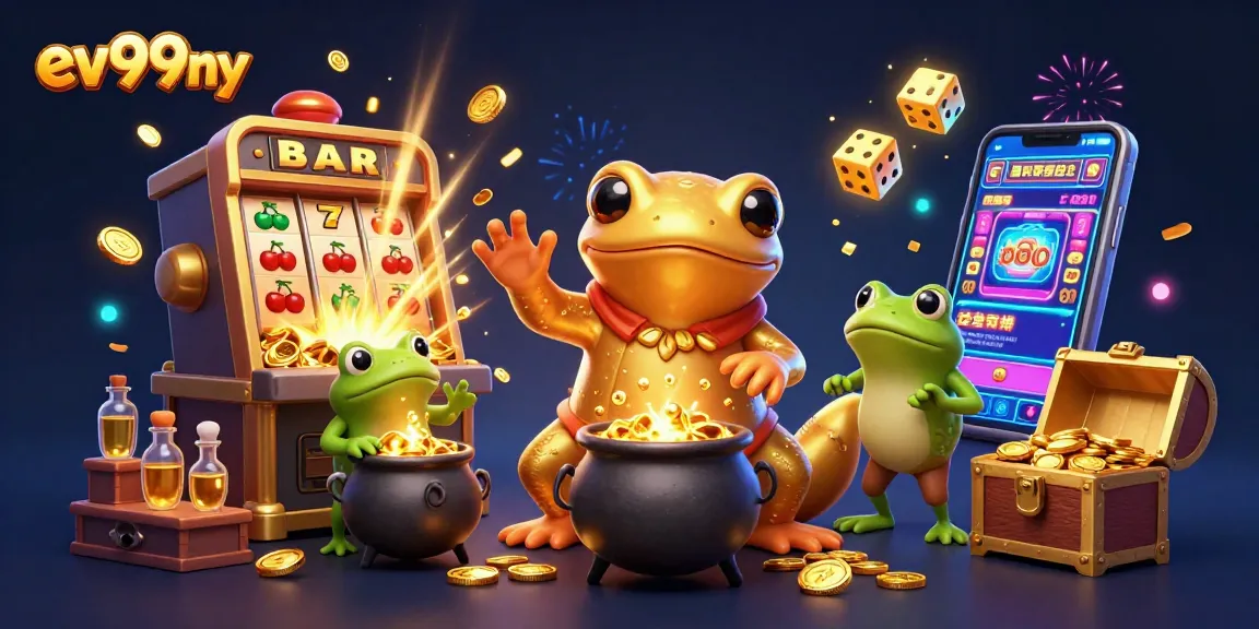 Experience the excitement of ev99ny with a vibrant 3D casino scene featuring alchemists and gold.