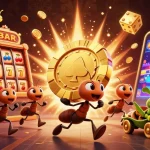 CWIN team of ants joyfully carrying a giant golden poker chip amidst a vibrant casino heist scene