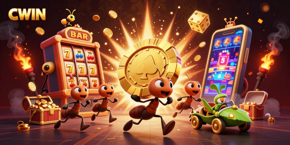CWIN team of ants joyfully carrying a giant golden poker chip amidst a vibrant casino heist scene
