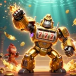 Experience thrilling wins with nk88 in an epic casino battle scene with a golden gorilla mech.