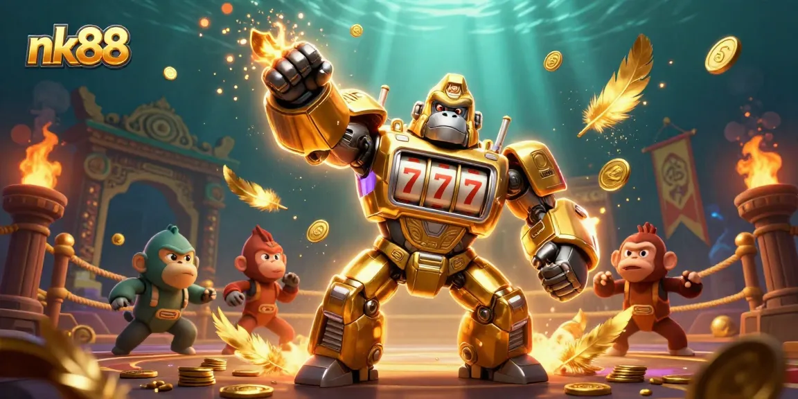 Experience thrilling wins with nk88 in an epic casino battle scene with a golden gorilla mech.